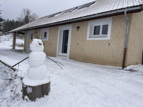 a snowman on a tree stump in front of a house at Gîte Belle Vue 2 in Saint-Léger-les-Mélèzes