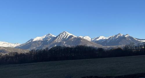 a snow covered mountain range with a field and trees at Gîte Belle Vue 2 in Saint-Léger-les-Mélèzes