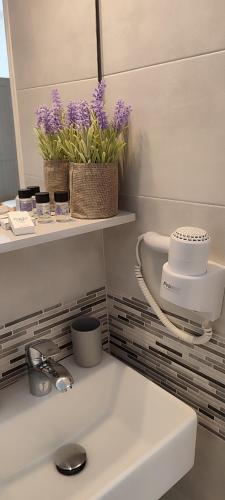 a bathroom with a sink and purple flowers on a shelf at Maria Studios in Parikia