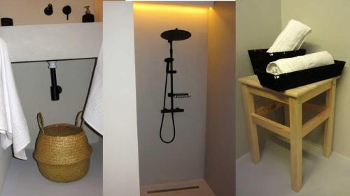 two pictures of a bathroom with a towel rack at La Pintada Casa Rural in Cañícosa