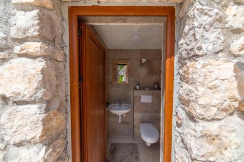 a bathroom with a sink and a toilet in a stone wall at Ventus Rosa Villa in Budva