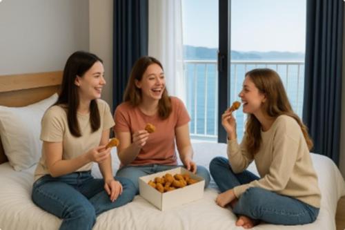 three women sitting on a bed eating food at Yeosu UTOP UBLESS All Rooms Stunning Ocean View in Yeosu