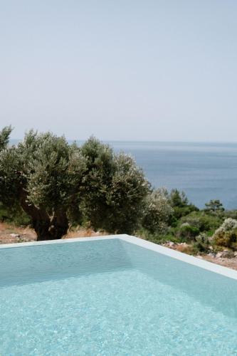 a swimming pool with the ocean in the background at Mandilada Village in Samos in Marathokampos