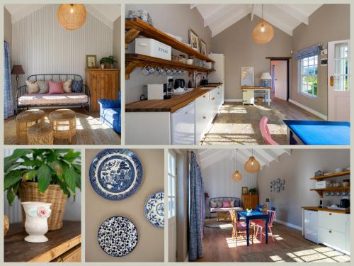 eine Collage aus Bildern einer Küche und eines Wohnzimmers in der Unterkunft Crabapple Cottage, Cheverells Farm in Oudebrug