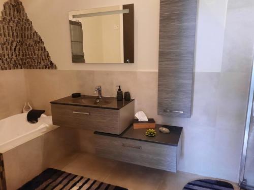 une salle de bain avec un lavabo, un miroir et une baignoire dans l'établissement Maison en Provence, à Jouques