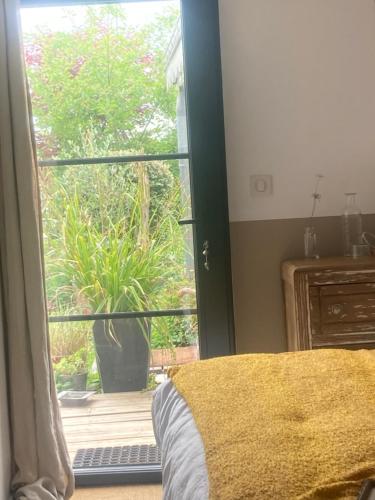- une chambre dotée d'une porte s'ouvrant sur une terrasse avec une plante dans l'établissement L'Antre, à Villequier