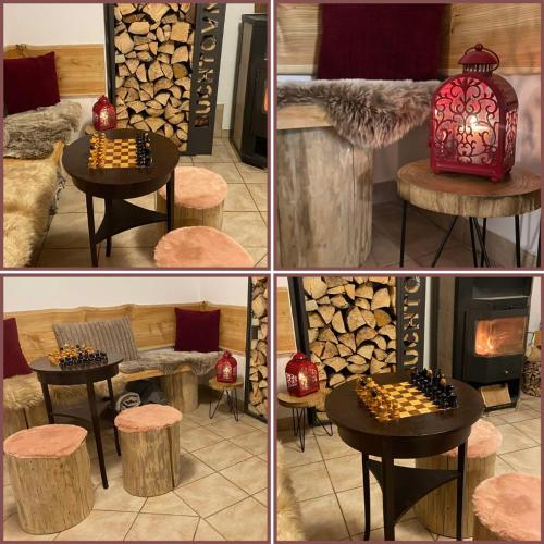 a group of four pictures with a table and a fireplace at Chata Buchtovna in Rejdice