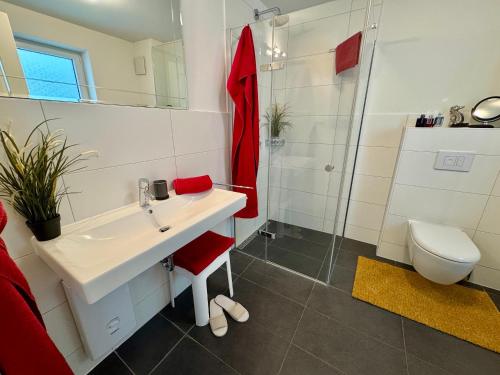 a bathroom with a sink and a shower and a toilet at Aquamarin Ostseetraumsuite 01 in Neuhaus