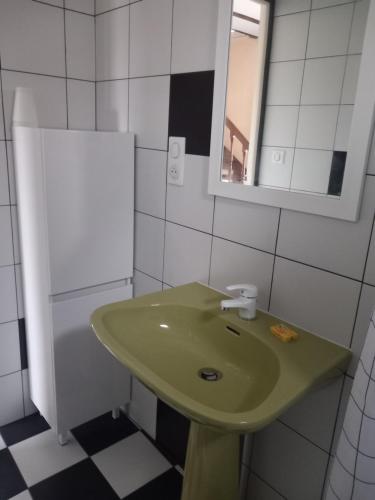 a bathroom with a green sink and a refrigerator at l'Hirondelle de la Ruelle in Noyers-sur-Serein