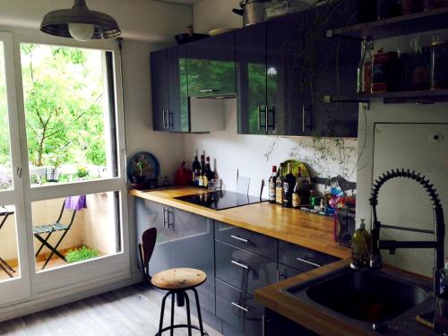 d'une cuisine avec des placards noirs, un évier et une fenêtre. dans l'établissement Beau 4 pièces dans coin de verdure, à Paris