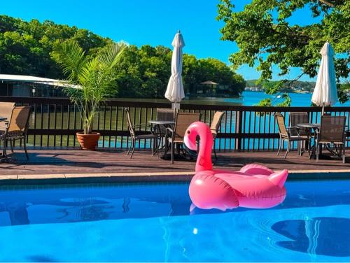 a pink swan in the water in a swimming pool at Treetop Village-3bed3bathpoolsdock8pp in Four Seasons