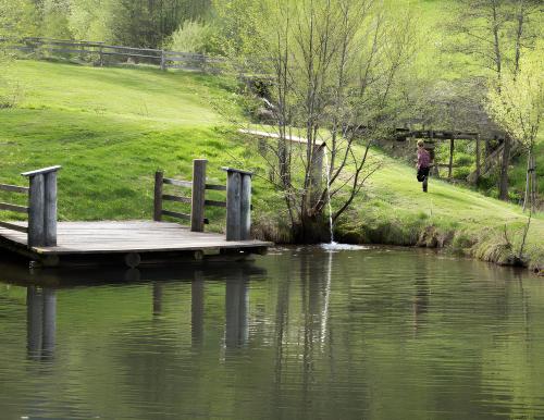 a person walking on a dock over a body of water at Müllerjörgenhof in Gutach