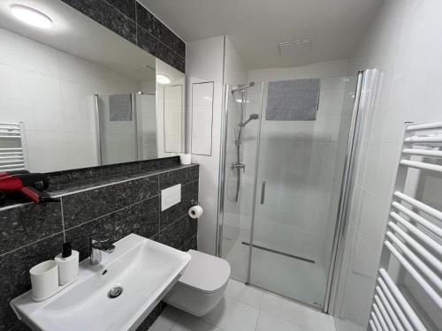 a bathroom with a shower and a sink and a toilet at Bella Apartments Brno in Brno