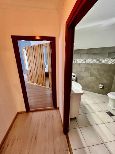 a bathroom with a toilet and a sink and a mirror at Catedrala Blue in Constanţa