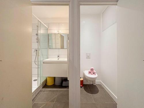 une salle de bain avec un lavabo, des toilettes et un miroir dans l'établissement Urban Chic - 3 pers, Wifi, Parking, à Nice