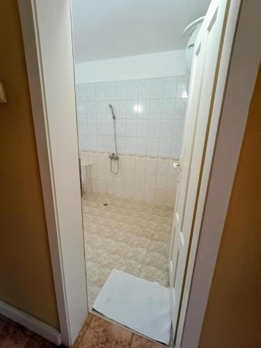 a bathroom with a shower with a tile floor at Uspeh bg in Plovdiv