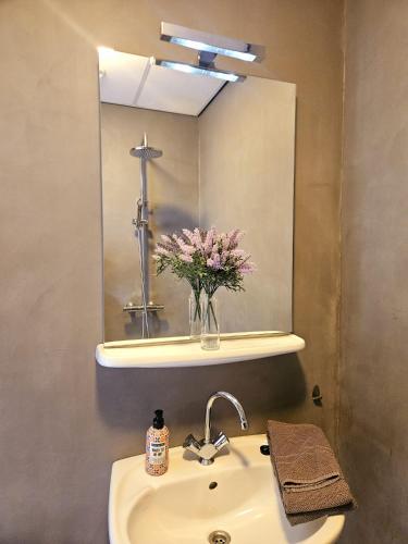 a bathroom sink with a mirror and a vase of flowers at Villa 't Boshuys - a private and green location for families or friends up to 16 guests in Den Ham