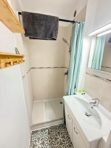 une salle de bain avec un lavabo blanc et une douche dans l'établissement Coudou YourHostHelper, à Six-Fours-les-Plages