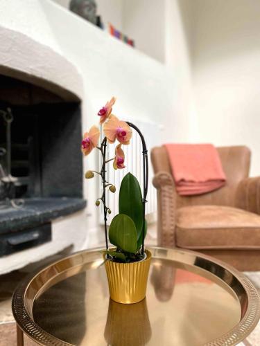 a vase with a flower on a table in a living room at Villa Chloé in Montecalvo Versiggia