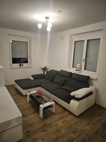 StinatzにあるFerienwohnung Christianのリビングルーム(大きなソファ、窓2つ付)