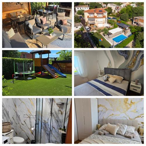 a collage of pictures of a house with a bedroom and a pool at Apartmani Andiks Dramalj in Dramalj