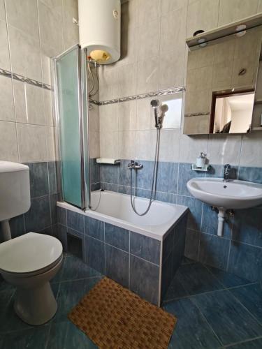 ein Badezimmer mit Dusche, Toilette und Waschbecken in der Unterkunft Apartments Miljas in Cavtat