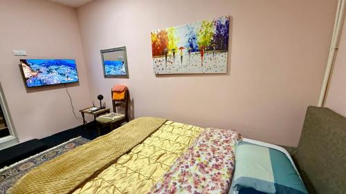 a bedroom with a bed and paintings on the wall at Comfort Studio Prishtina City Centre in Pristina