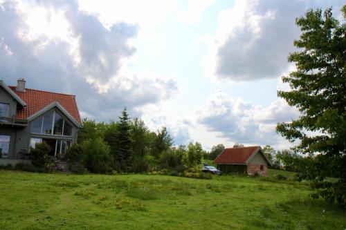 a house on a grassy field with a tree at Willa Mazury in Piecki