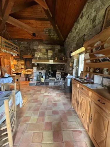 Cette grande chambre dispose d'une cuisine avec un mur en pierre. dans l'établissement Maison avec balcon à Borne, 70 m², 5 personnes avec jardin, à Mayres
