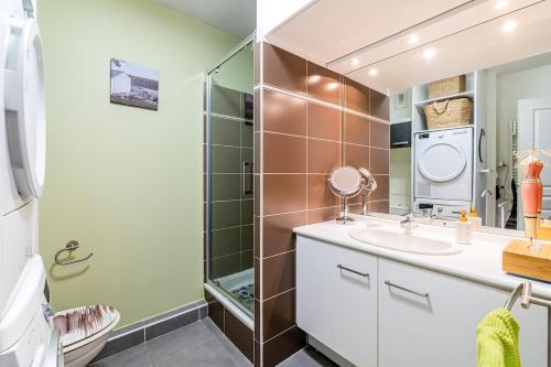 une salle de bain avec un lavabo et une douche dans l'établissement soleil d azur, à La Ciotat