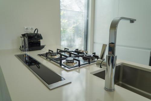 a kitchen counter with a stove and a sink at EuroParcs De Zanding in Otterlo