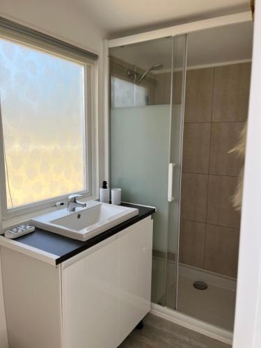 une salle de bain blanche avec un lavabo et une douche dans l'établissement Studio chalet, à La Celle-sous-Gouzon
