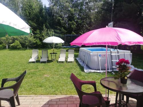 a table and chairs with a pink umbrella and a pool at Vila Roberta Breaza ,BV in Breaza