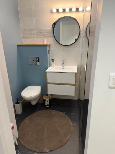 une salle de bain avec toilettes, lavabo et miroir dans l'établissement Spacious Riviera Studio, à Nice