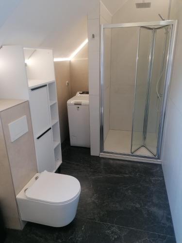 Un baño blanco con inodoro y ducha. en Pelister Chalet, en Bitola