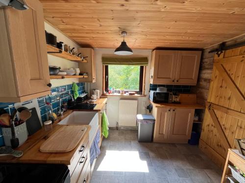 a kitchen with wooden cabinets and a sink and a window at Severn Up in Newtown