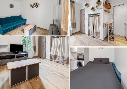 a collage of photos of a bedroom and a living room at Confort & calme proche Marne in Champigny-sur-Marne