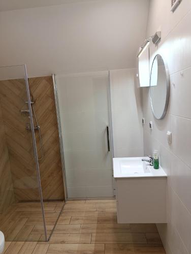 a bathroom with a shower and a sink and a mirror at Domek Chatka Czubatka in Bocheniec