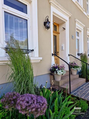 a house with two potted plants on the stairs at Komfort Ferienwohnungen mit Wellness-Garten - Gästehaus am Bachlauf - Losheim am See in Losheim