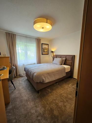 a bedroom with a large bed and a window at Hotel Grado in Ransbach-Baumbach