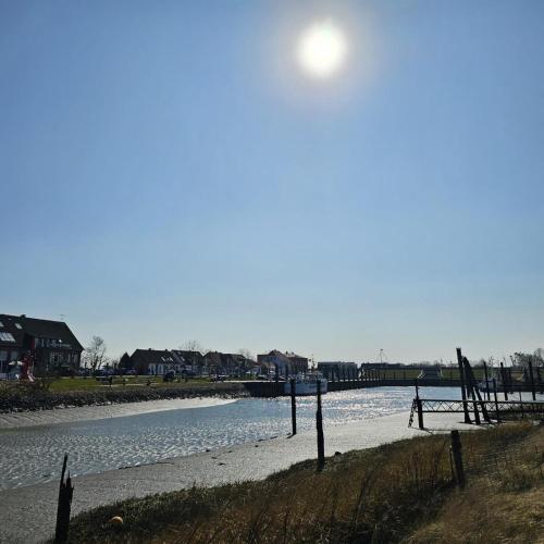 a beach next to a body of water at Nurdachhaus mit Blick ins Grüne- ruhige Lage nahe Yachthafen Fedderwardersiel in Fedderwardersiel