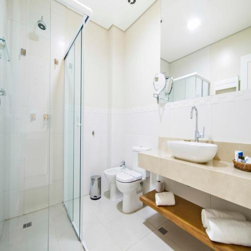 a bathroom with a toilet and a sink and a shower at Hotel Chateau in Campos do Jordão