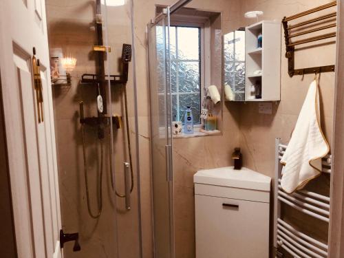 a small bathroom with a shower and a sink at London Central 4 bed House with Garden in London