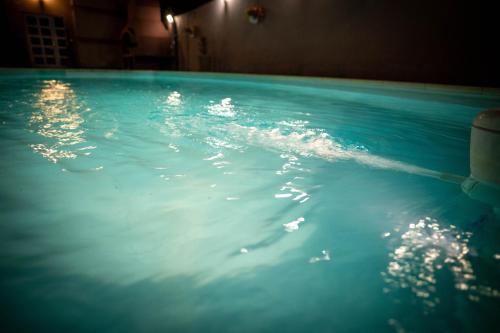 a pool of blue water with a hose in it at Penthouse Secret Rose with pool, jacuzzi, sauna, private garage, entry with pin 0-24h in Slavonski Brod