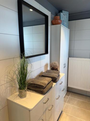 ein Spiegel auf einer Kommode im Badezimmer in der Unterkunft Lakeside Plön in Plön