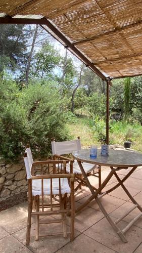 a picnic table and two chairs under a pavilion at Le havre de paix Gîte insolite avec spa sous les étoiles in Mirabel-aux-Baronnies