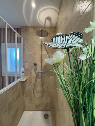 une salle de bain avec une douche papillon dans l'établissement La Valériane - Clim, balcon et garage privé, à Montélimar