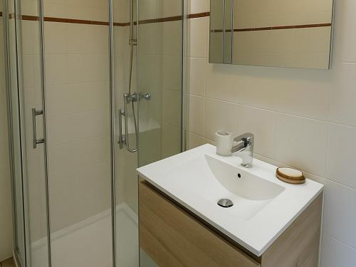 une salle de bain avec un lavabo et une douche dans l'établissement Studio rénové, 1ère ligne de plage, terrasse privée avec barbecue, climatisation, proche commerces - FR-1-732-13, à Argelès-sur-Mer