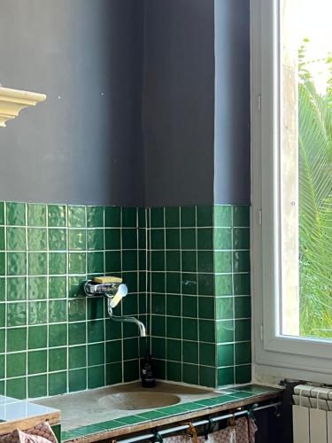 La salle de bains est pourvue d'un mur carrelé vert et d'une douche. dans l'établissement big&cozy Flat 180m2, à Marseille