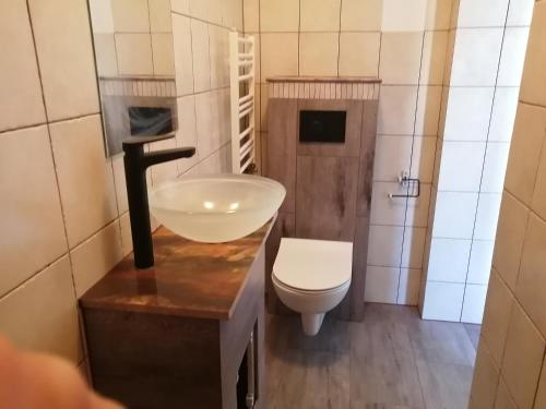 a bathroom with a sink and a toilet at Głębia in Dąbrówno